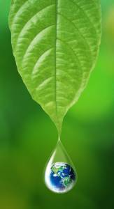 Leaf with image of earth inside water droplet on the tip of the leaf to illustrate eco-friendly water-based pigment inkjet ink.