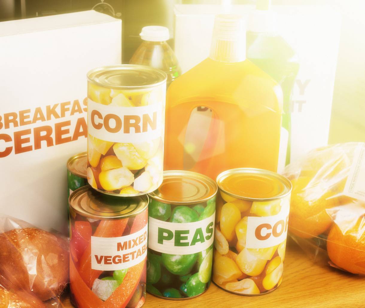 Cans of vegetables and food products