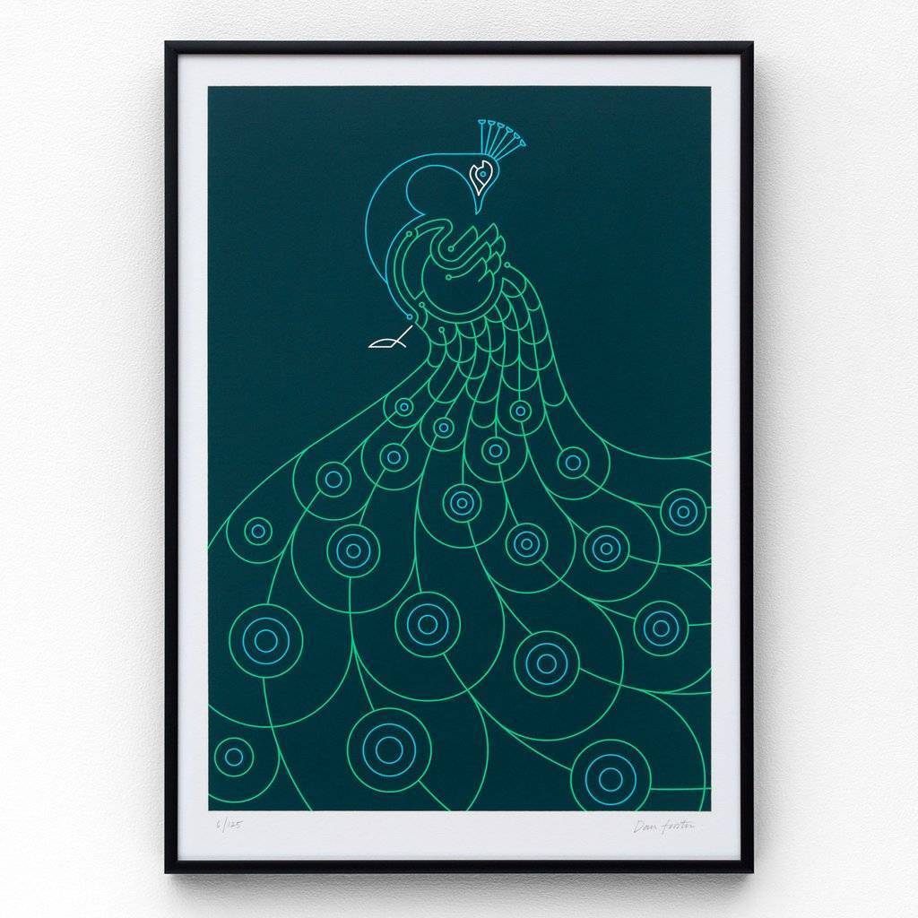 Dark Screen print with teal peacock