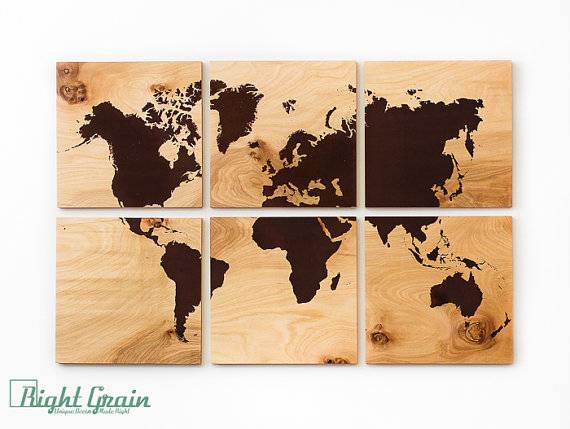 World Map screen printing on wood pieces