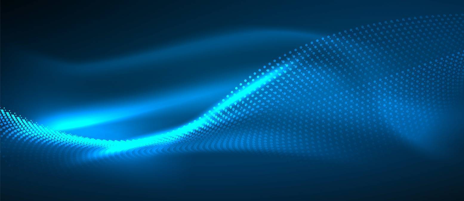 Smooth smoke particle wave, big data techno background with glowing dots, hi-tech concept, blue color