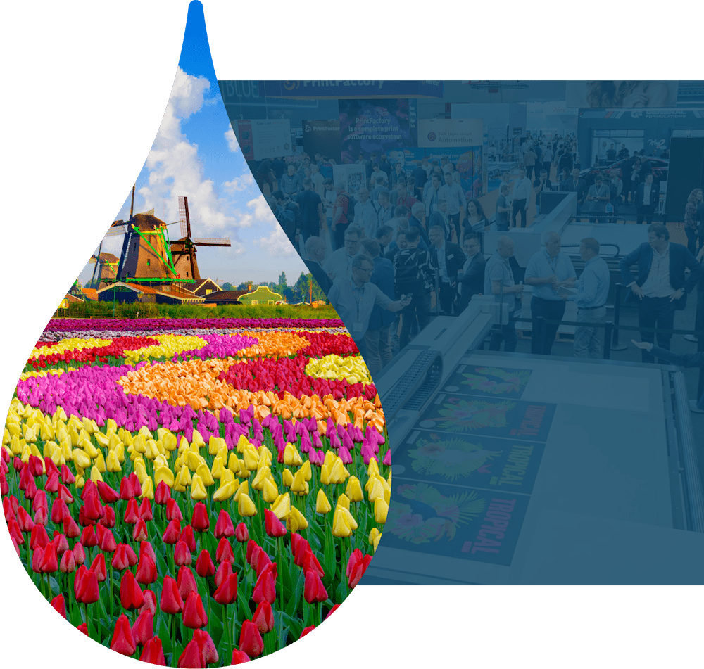 photo of colorful tulip fields cut out in the shape of a drop with a photo of a convention behind it with a blue filter