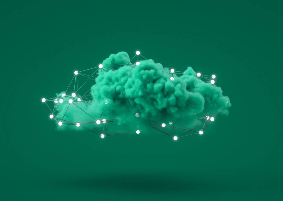 A green cloud with a network of interconnected white nodes and lines floating against a green background, symbolizing digital connectivity or cloud computing.