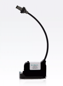 A bulk ink cartridge with a long attached tube by Kao Collins, standing upright against a light background.